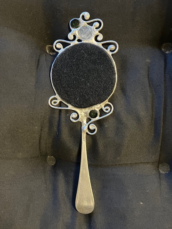 HAND HELD MIRROR, HAND MADE. HANDLE IS MADE FROM A PIECE OF VINTAGE SILVERWARE - Picture 2 of 11